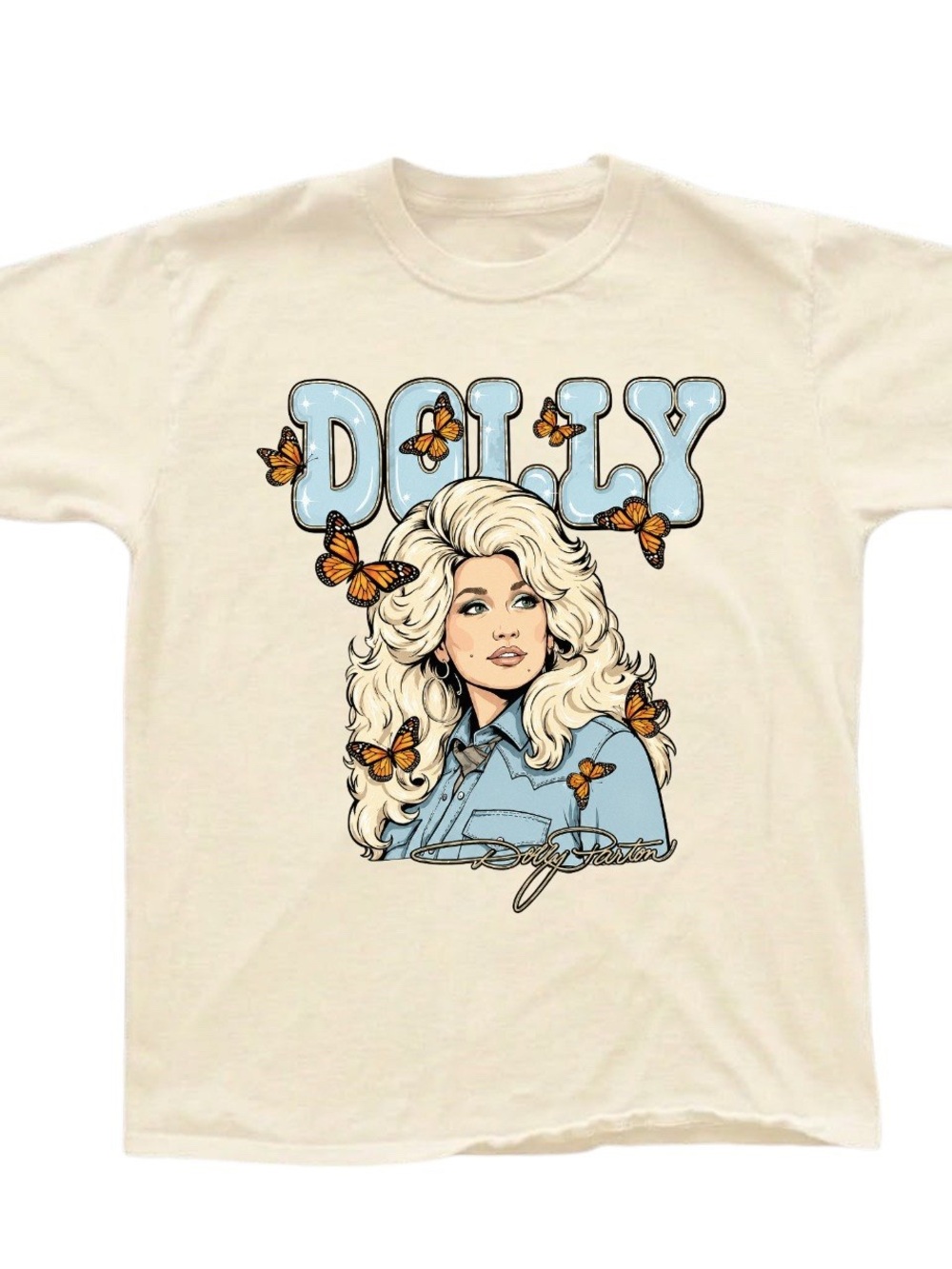 Gildan Cream Tee with Blue Dolly Portrait and Orange Butterflies